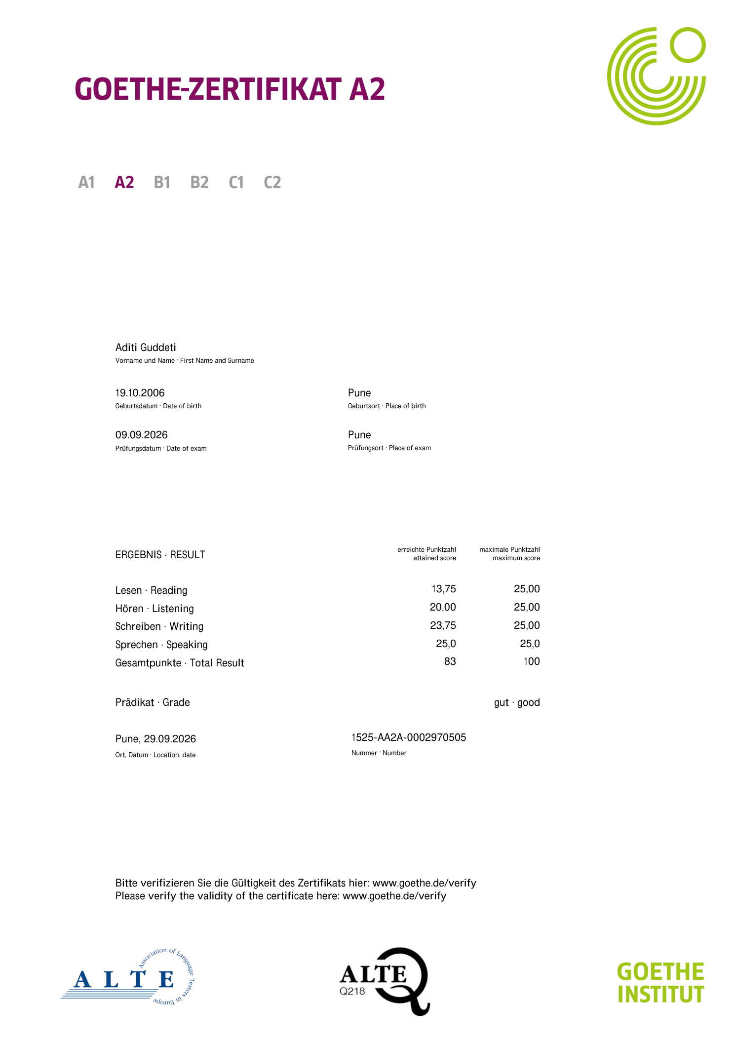 Aditi Guddeti Goethe-Zertifikat A2 certificate