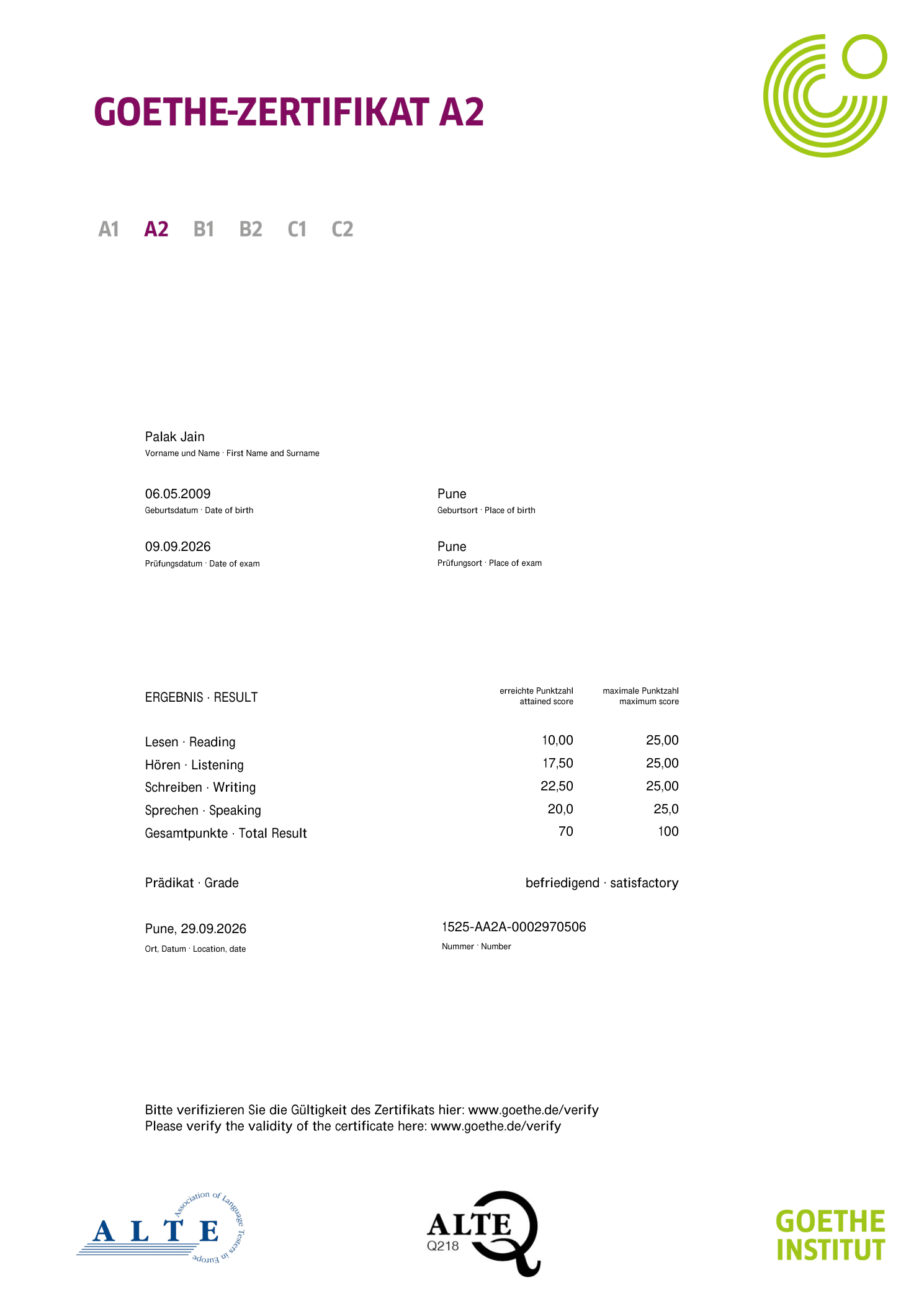 Palak Jain Goethe-Zertifikat A2 certificate